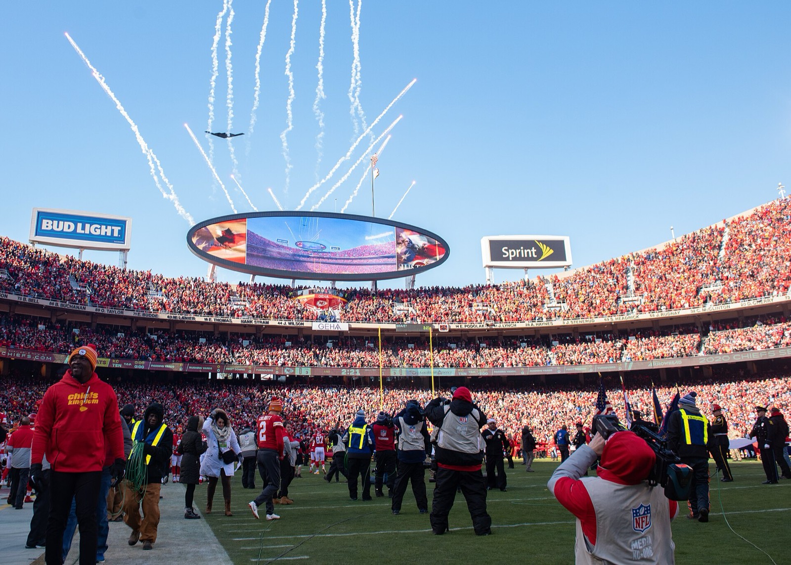 A packed Arrowhead Stadium in Kansas City during a pre-game flyover